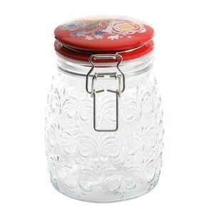 The Pioneer Woman Clamp Jar Celia Red Floral Lid Embossed Clear Glass 38-oz NEW